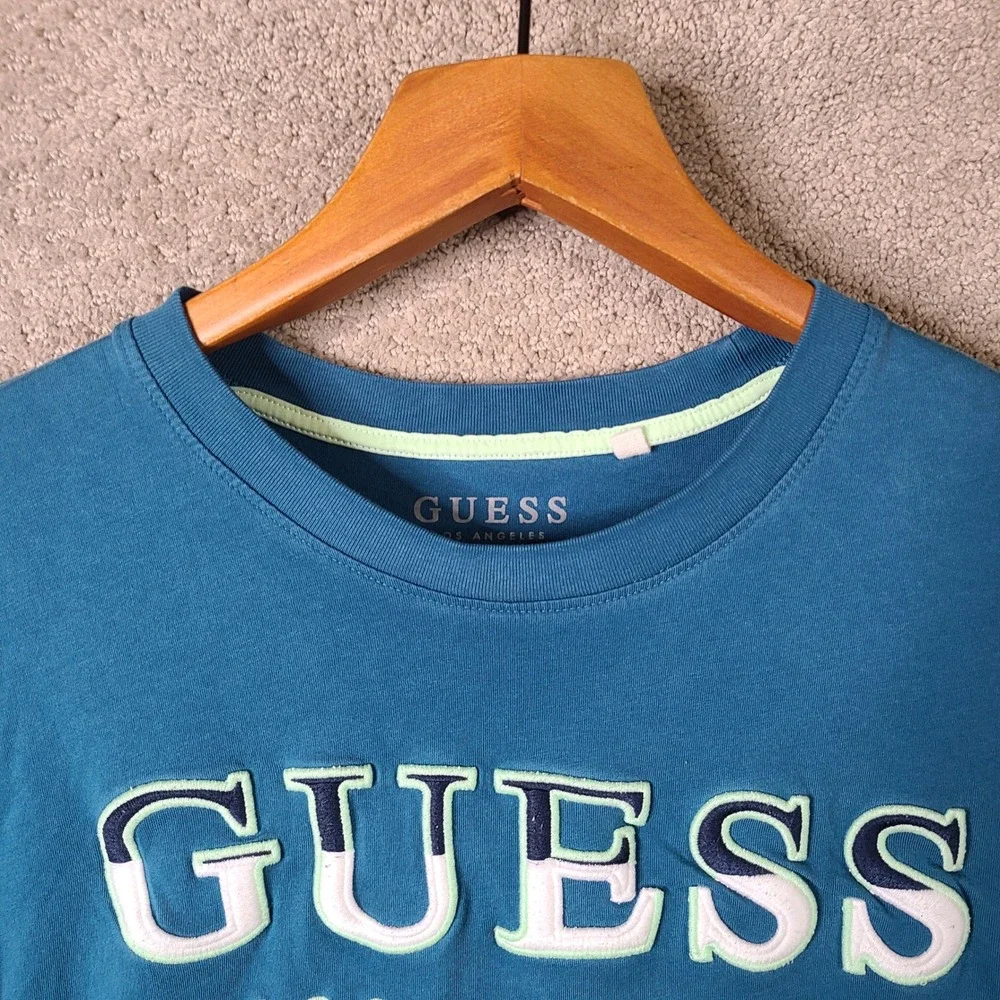 Guess Shirt Mens XXL Blue Teal Embroidered Logo Short Sleeve Tee Casual - Picture 3 of 9